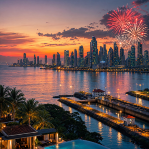 Panamá de Año Nuevo con skyline, fuegos artificiales y Canal de Panamá